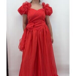 Vintage Red Ruffle Formal Dress Long Bow Gown Size Medium